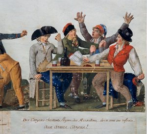 Franska revolutionen: "" Medborgare som sjunger Marseilles hymn: med armar Medborgare..."" Trosor utan trosor på ett värdshus sjunger Marseillaise. Gravyr av bröderna Lesueur (1700-talet). Musée Carnavalet, Paris