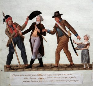Franska revolutionen: "" medborgare arrete för att tvinga honom att sätta en nationalcockard på hatten"" Gouache des freres Lesueur (1700-talet) Musee Carnavalet, Paris