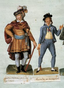 Franska revolutionen: kostymer av fantasifulla rojalistiska dandies (muscadin) vägrar. Gouache av bröderna Lesueur (1700-talet) Carnavalet Museum