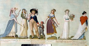 Franska revolutionen 1789: Dammode i den revolutionära tidsåldern (revolutionär kvinna). Gouache des freres Lesueur (1700-talet). Paris, Musée Carnavalet.