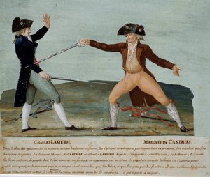 Franska revolutionen: duell mellan Charles Lameth (1757-1832), deputerad vid den konstituerande församlingen, och markisen de Castries (1756-1842), deputerad för adeln den 12 november 1790. Den sistnämnde sårar Lameth och jakobinernas folkmassa rasade hans av Lesueur Brothers