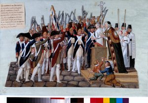 Franska revolutionen: distriktens ed. Efter konstitutionens kungörelse samlades folket på de offentliga torgen, kurerna förestod mötena. Gouache des freres Lesueur (1700-talet). 1789. Paris, Musee Carnavalet av Lesueur Brothers