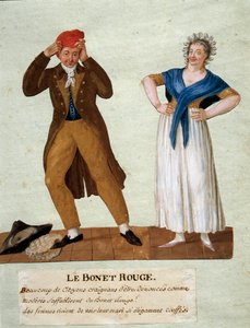 Den röda hatten En mans hatt bär den frygiska hatten vid tiden för revolutionen 1789. Gouache från bröderna Lesueur. 1700-talet. Musée Carnavalet, Paris