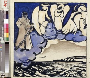 ""Kriget. Ryssland. 1914"" Allegori över första världskriget. En soldat och änglar. Penna och gouache av Lev Bruni (1894-1948) 1914 Statens museum för historia, arkitektur och konst, Rybinsk, Ryssland av Lev Aleksandrovitc Bruni