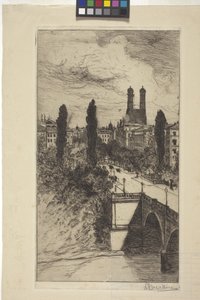 Maximiliam Street And Frauenkirche, München, Bayern (etsning)