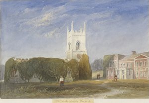 Okeover Church - "Alla helgon": akvarellmålning och [c 1830-1840] av Lewis John Wood