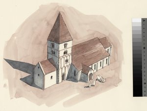 Rekonstruktionsritning av Peterskyrkan under normandisk tid (akvarell på papper) av Liam Wales