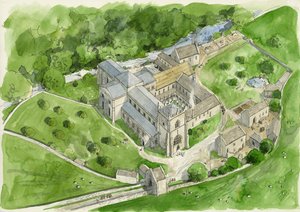 Rekonstruktion av Shap Abbey på 1530-talet (akvarell på papper) av Liam Wales