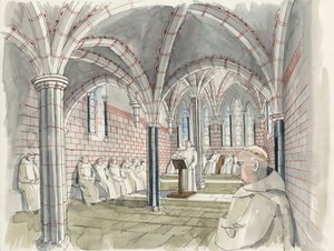 Rekonstruktion av kapitelhuset på Shap Abbey ca 1530 (akvarell på papper) av Liam Wales