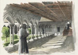 Rekonstruktion av klostret vid Lanercost Priory (akvarell på papper) av Liam Wales
