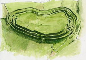Resterna av Maiden Castle (akvarell på papper) av Liam Wales