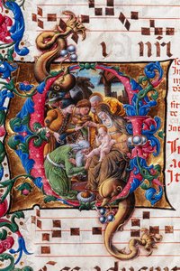 Piccolomini bibliotek: körbok, torsk. 19.4, ff. 9v med "Adoration of the Magi", av Liberale da Verona (cirka 1445 - 1527/9). Detalj.