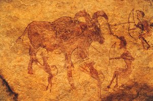 Bågskyttar, hundar och hovdjur, grottmålning, Tassili n