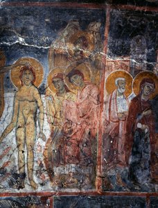 Kristus, Madonna och heliga, fresk i klostret Agios Georgios, Diavaide, Kreta, Grekland (foto) av Unbekannt Unbekannt