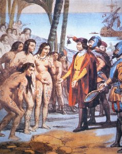 Christopher Columbus landar i den nya världen 1492 och hälsas av Taino-indianer (färg litho) av Unbekannt Unbekannt
