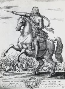 Ridsporträtt av Franciskus av Bourbon-Vendome (1616-1669), andre hertig av Beaufort och fransk general, gravyr av Nicolas de La Fage (1600?-1655) av Unbekannt Unbekannt