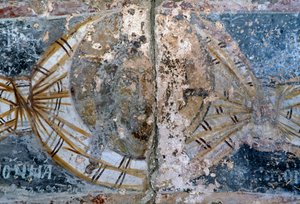 Kristi ansikte, skadad fresk i kyrkan Metamorphosis Sotiros, Voutas, Kreta, Grekland (foto) av Unbekannt Unbekannt
