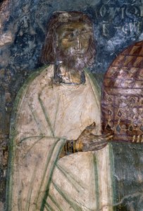 Freskköpare av kyrkan Agia Anna, håller modell av kyrkan, fresk från 1642, Anisaraki, Kreta, Grekland av Unbekannt Unbekannt