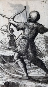 Jägare med pil och båge på korta skidor, illustration från De Calceo Antiquo, av B Balduinus av Unbekannt Unbekannt