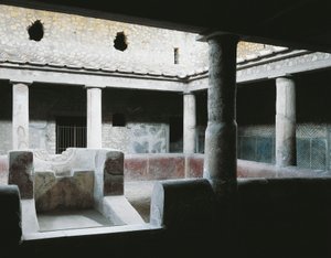 Italien, Kampanien, Oplonti, det arkeologiska området Torre Annunziata, Roman Villa Poppaea, Litet inomhusatrium med fontän för att vattna trädgården av Unbekannt Unbekannt