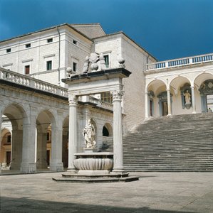 Italien, Lazio-regionen, Frosinone-provinsen, Cassino, Monte Cassino Abbey, huvudtrappa och brunn av Unbekannt Unbekannt