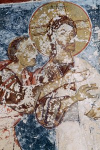 Jesus, fresk i den bysantinska kyrkan Agios Georgios, Vathi, Kreta, Grekland (foto) av Unbekannt Unbekannt