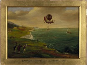 Uppfinnaren Jean Pierre (Jean-Pierre) Blanchard (1753-1809) och den amerikanske vetenskapsmannen John Jeffries (Jefferies eller Gefferies) (1744-1819) korsar Engelska kanalen i en flygmaskin som liknar en båt utrustad med en luftballong 7/01 /1785 av Unbekannt Unbekannt