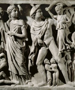 Marmorsarkofag, Relief som visar Prometheus-myten, Detalj, Hermes och en av Parcae eller öden, Från Arles av Unbekannt Unbekannt