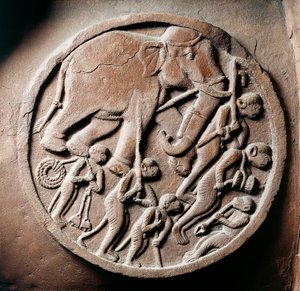Medaljong med apor och elefanter, relief från Stupa av Bharhut, buddhistiskt monument, Madhya Pradesh, Indien, indiska civilisationen, 2:a århundradet f.Kr. av Unbekannt Unbekannt