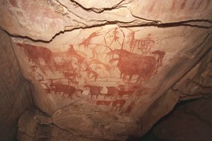 Målning som skildrar jaktscener, Sahara klippkonst, Enneri Tougwi, Tibesti, Tchad av Unbekannt Unbekannt