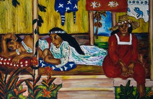 Polynesiska kvinnor, målat glasfönster, Moorea Island, Society Islands, Franska Polynesien, Franska republikens utomeuropeiska territorium av Unbekannt Unbekannt