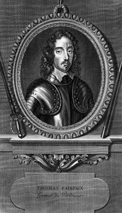 Porträtt av Thomas Fairfax, 3:e Lord Fairfax av Cameron (1612-1671), engelsk general och parlamentarisk överbefälhavare under engelska inbördeskriget, gravyr av Unbekannt Unbekannt