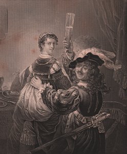 Rembrandt med sin fru Saskia, graverad H Payne från målning av Rembrandt, från Paynes Royal Dresden Gallery, av Albert Henry Payne, H Payne Dresden och Leipzig Publisher, ca 1840 av Unbekannt Unbekannt