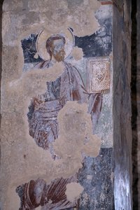 Saint, fresk i kyrkan Agios Nikolaos, bysantinska staden Mystras (UNESCOs världsarvslista av Unbekannt Unbekannt