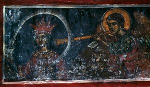 Sankt som spelar horn, fresk i kyrkan Agios Ioannis Prodromos, Margarites, Kreta, Grekland (foto) av Unbekannt Unbekannt