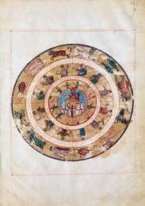 Solvagnen och zodiakens tecken, miniatyr från ett tidig medeltidsmanuskript, astronomiskt bord av Ptolemaios (ca 100-175), hellenistisk civilisation av Unbekannt Unbekannt