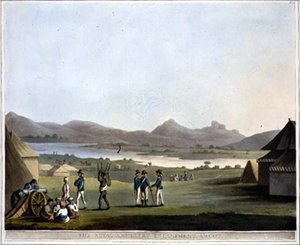 The Royal Artillery Encampment, Arcot, skylt 21 från "Picturesque Scenery in the Kingdom of Mysore", graverad av Harraden, pub. av Edward Orme (1774-c.1820) 1804 (akvatint)