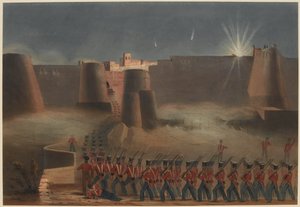 "Stormingen av Ghuznee. Stormpelaren som går in i fästningen, 23 juli 1839 (lito i färg) av Lieutenant Thomas (after) Wingate