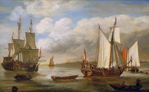 Olika holländska båtar: segelbåtar, fartyg och pråmar. Olja på duk av Lieve Pietersz Verschuier (1630-1686).