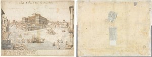 Arton utsikter över Rom: Piazza Barberini (recto); Spårning av en fontän från Recto och skisser av två ansikten (verso)