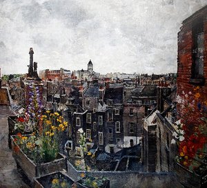 City of London Skies and Flowers (Roofs of High Holborn) 1930-talet (olja på duk) av Lily Delissa Joseph