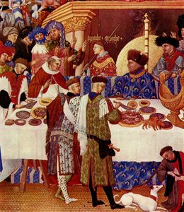 Duc de Berry, sittande nere till höger med ryggen mot elden, är klädd i blått och bär en pälsmössa. Han inbjuder sin familj och sina vänner att presentera sig för honom. Bakom honom står inskriptionen "Approach Approach". Flera av hertigens vänner och fami av Limbourg Brothers