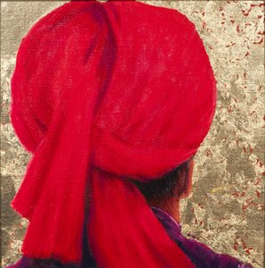 Röd turban på bladguld, 2014 (olja på duk med bladguld)