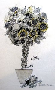 Arrangemang med solrosor, 2015 (penna och tusch)