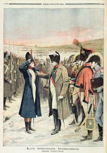 Napoleon Bonaparte (1769-1821) överlämnar den kvinnliga officeren Marie Schellinck med en medalj på slagfältet, illustration från 
