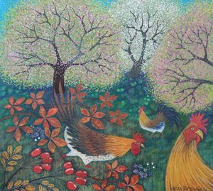 Easter Hens, 2024 (akryl på papper) av Lisa Graa Jensen