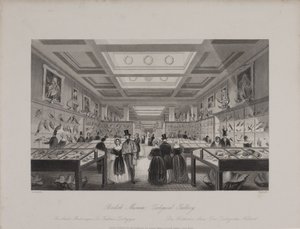 Vy över Zoological Gallery, British Museum som visar besökare som tittar på utställningar, ca 1850 (gravyr) av Llewellyn (after) Jewitt
