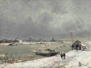 En färjeöverfart nära Wijk bij Duurstede på vintern av Lodewijk Frederik Hendrik Apol