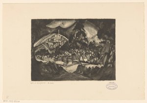 Kuperat landskap med träd och byggnader Le Soir (originaltitel på objekt) av Lodewijk Schelfhout (signed by artist)