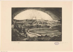Solen går upp eller går ner över ett kuperat landskap La Bruyere (originaltitel på objekt) av Lodewijk Schelfhout (signed by artist)